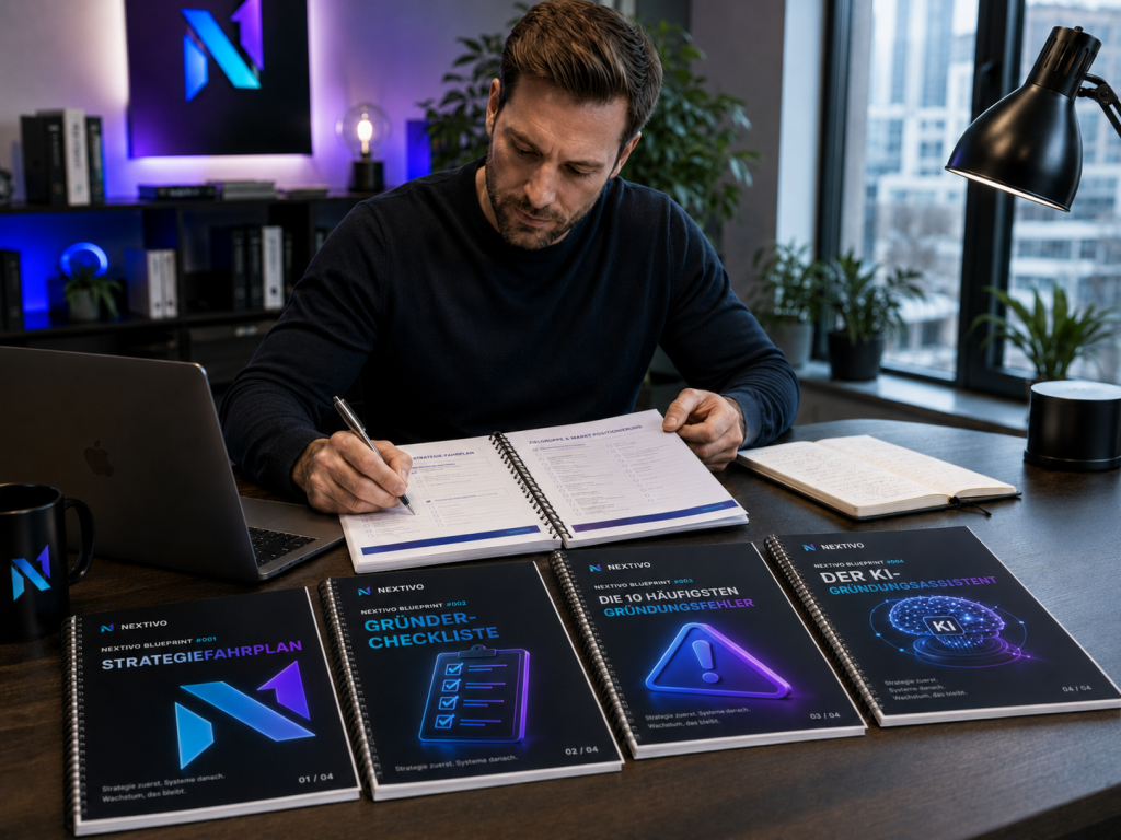 Gründer bearbeitet die vier NEXTIVO Blueprints am Schreibtisch