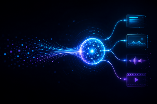 Generative KI verarbeitet Daten und erzeugt daraus Texte, Bilder, Audio und Videos.