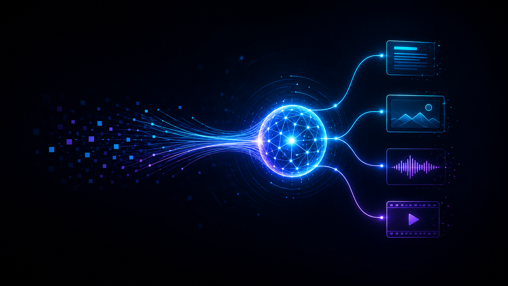 Generative KI verarbeitet Daten und erzeugt daraus Texte, Bilder, Audio und Videos.